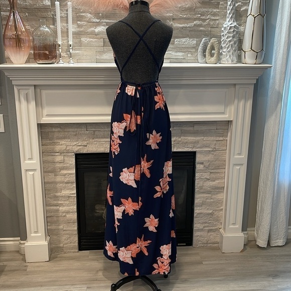 NAVY BLUE PINK FLORAL PLUNGE V NECK CRISSCROSS BACK HIGH SLIT MAXI DRESS Small - Picture 7 of 11